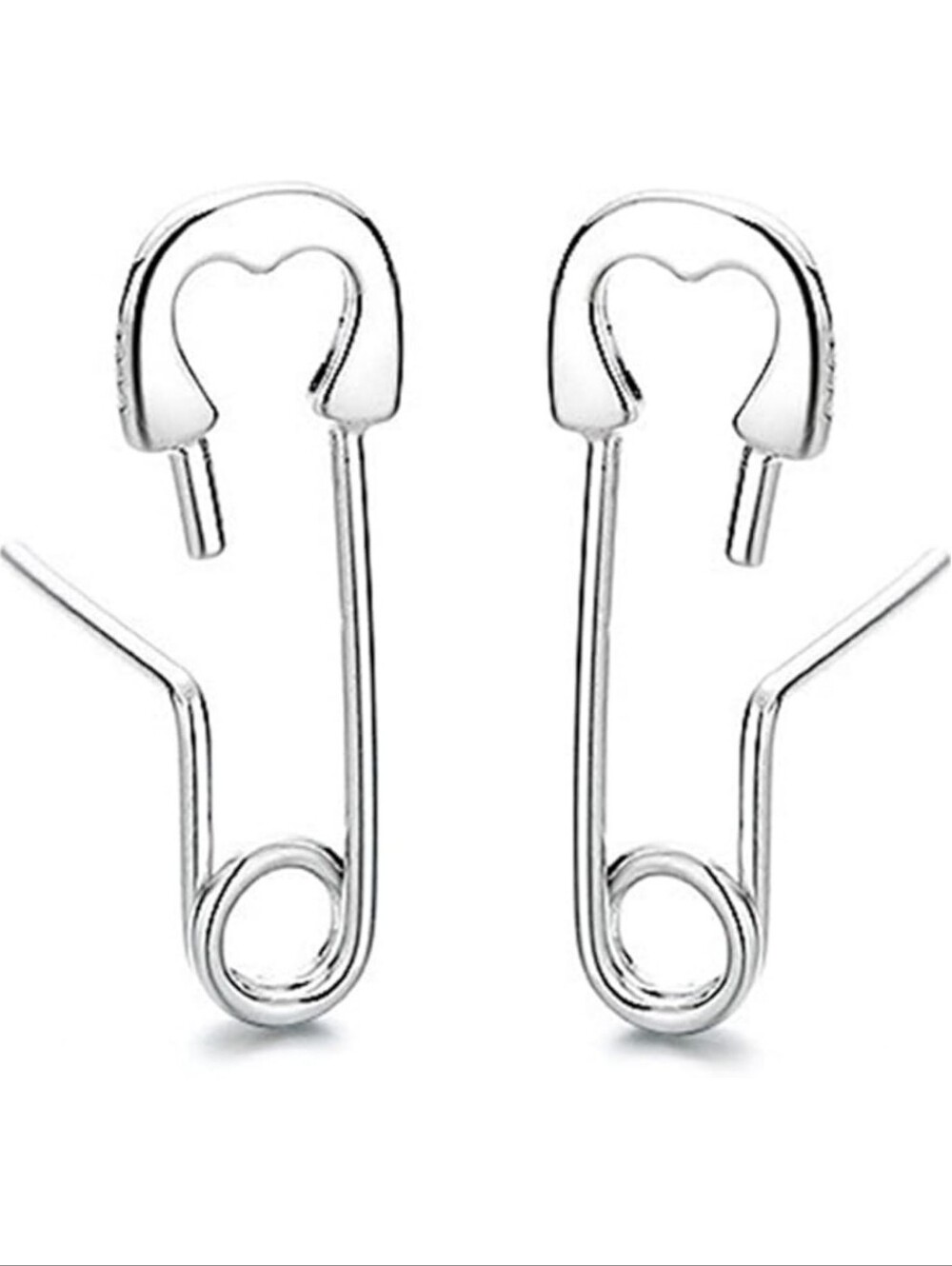Sterling Silver Heart Safety Pin Earrings - Minimalist Silver Polish